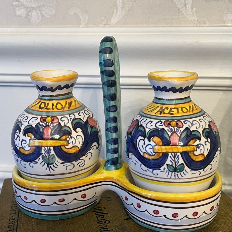 Italian Handpainted Oil and Vinegar Cruets Servingware Deruta Etsy