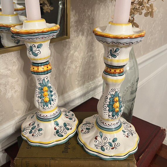 Italian Handpainted Deruta Candlestick Holder Pair Pottery Ceramic