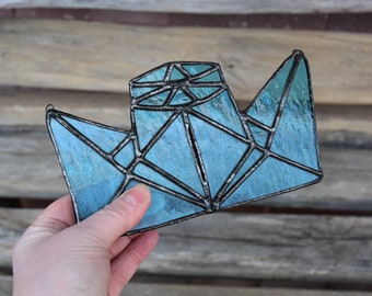 Blue Boat Origami Ornament Hanging Sunchatcher Decoration Tiffany Staineg Glass Glassdecor Sailing Ocean