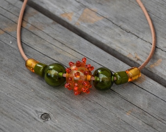 Boho Yellow Green Ball Hole Hollow Bright Necklace Glass Beads Original Lampwork Lampworking Pendant