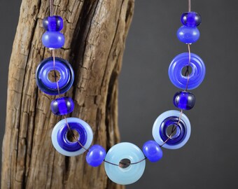 Boho Deep Blue Lampwork Glass Disc Necklace: Handmade Donut Jewelry