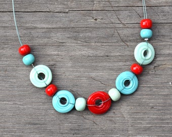 Boho Glass Necklace Blue Turquoise Red Disc Jewelry Donuts Original Handmade Lampwork Glass Beads
