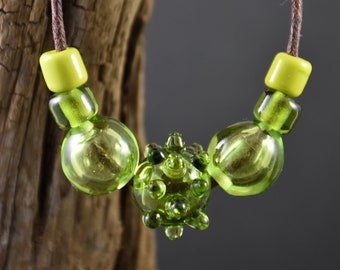 Handmade Green Lampwork Glass Bead Necklace: Boho Nature Jewelry