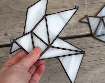 Stained Glass Origami Dove Suncatcher: White Opal Window Ornament