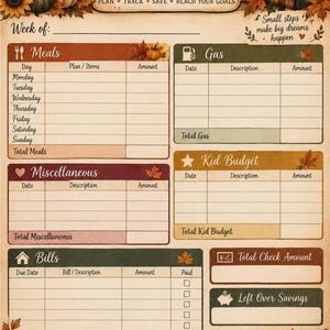 May include: A weekly budget planner sheet with an autumn theme featuring pumpkins, sunflowers, and fall leaves. The layout includes sections for meals, gas, kid budget, miscellaneous expenses, and bills, with text reading Weekly Budget Planner.