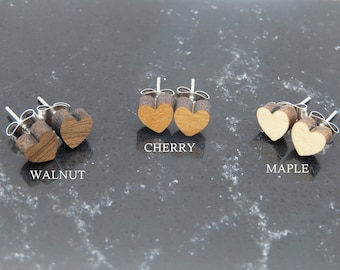 Heart Stud Wood Earrings 7 mm Studs Solid Walnut Studs Solid Maple Studs Solid Cherry Studs Laser Cut Valentine's Day Gift