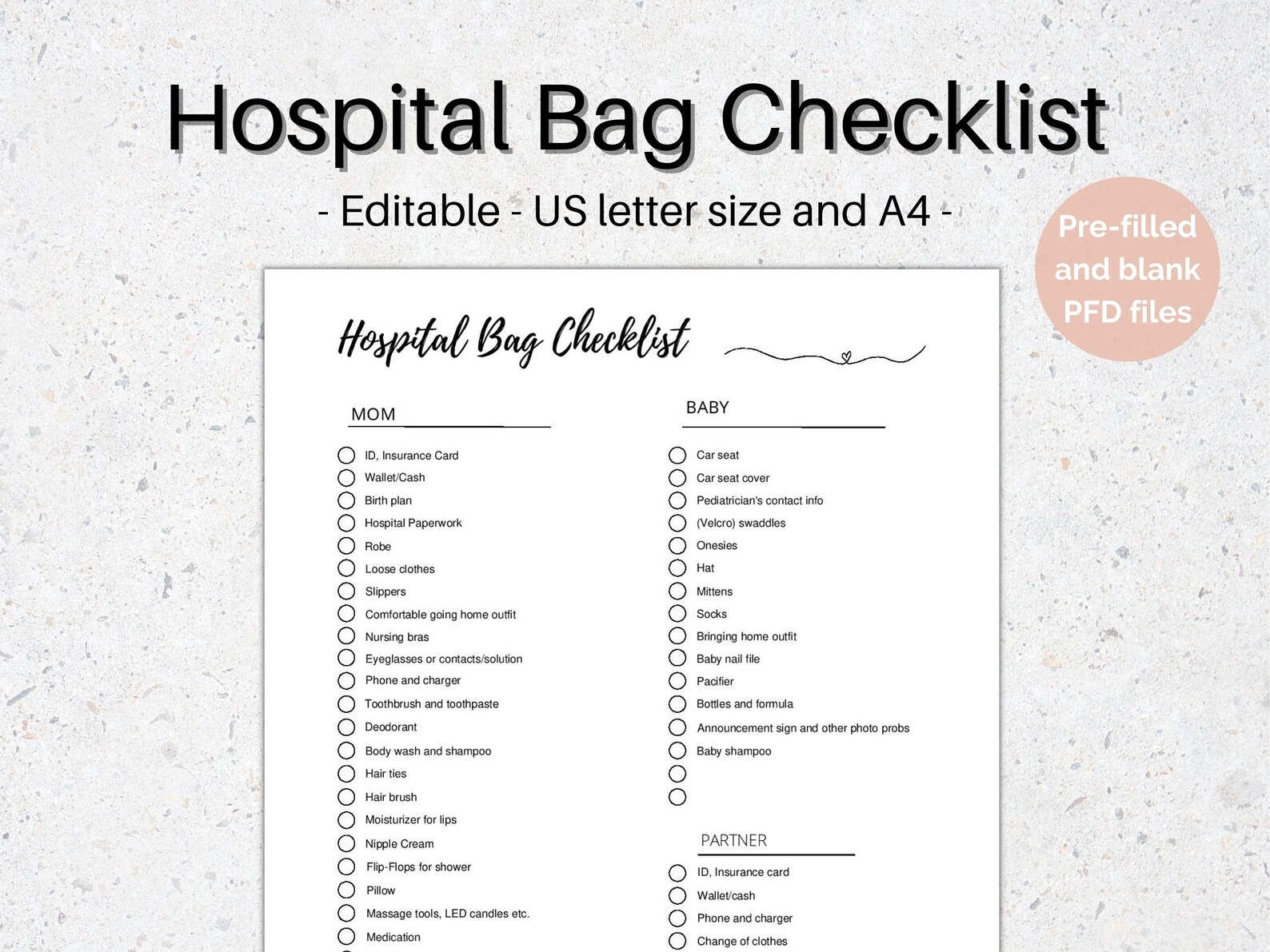 EDITABLE Hospital Bag Checklist, Hospital Bag for Mom, Pregnancy