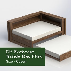 Puede incluir: Una cama con litera de madera con un colchón de tamaño queen. La cama está diseñada para caber en una esquina y tiene una librería incorporada. Planos de cama con litera de madera DIY Tamaño - Queen