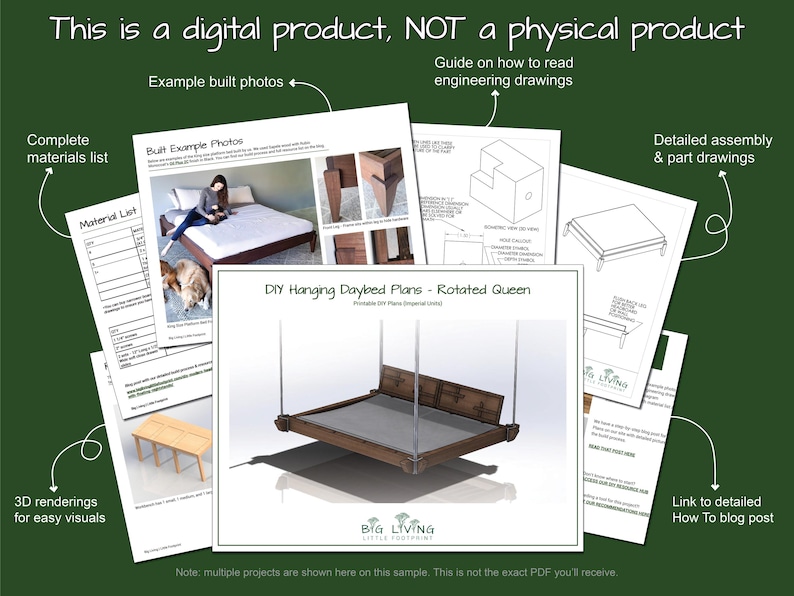 May include: A digital product for building a hanging daybed. The image shows a 3D rendering of the daybed, a materials list, and example built photos. The text "DIY Hanging Daybed Plans - Rotated Queen" is visible in the image.