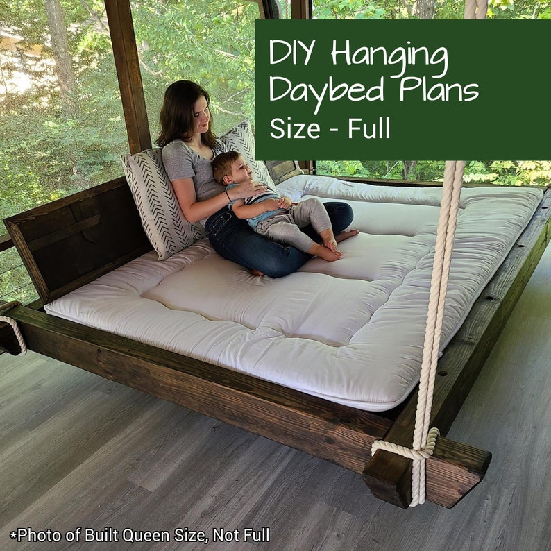 Woman and child sitting on DIY hanging bed