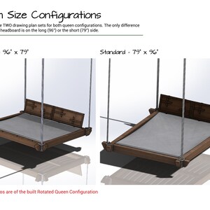 K&ouml;nnte beinhalten: Zwei 3D-Renderings eines Queensize-Bettgestells. Das Bettgestell ist mit Seilen an der Decke aufgeh&auml;ngt. Das erste Bild zeigt das Bettgestell mit dem Kopfteil an der kurzen Seite, beschriftet mit "Rotated - 96" x 79". Das zweite Bild zeigt das Bettgestell mit dem Kopfteil an der langen Seite, beschriftet mit "Standard - 79" x 96". Der Text "All Real Photos are of the built Rotated Queen Configuration" befindet sich am unteren Rand des Bildes.