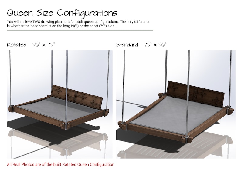 K&ouml;nnte beinhalten: Zwei 3D-Renderings eines Queensize-Bettgestells. Das Bettgestell ist mit Seilen an der Decke aufgeh&auml;ngt. Das erste Bild zeigt das Bettgestell mit dem Kopfteil an der kurzen Seite, beschriftet mit "Rotated - 96" x 79". Das zweite Bild zeigt das Bettgestell mit dem Kopfteil an der langen Seite, beschriftet mit "Standard - 79" x 96". Der Text "All Real Photos are of the built Rotated Queen Configuration" befindet sich am unteren Rand des Bildes.