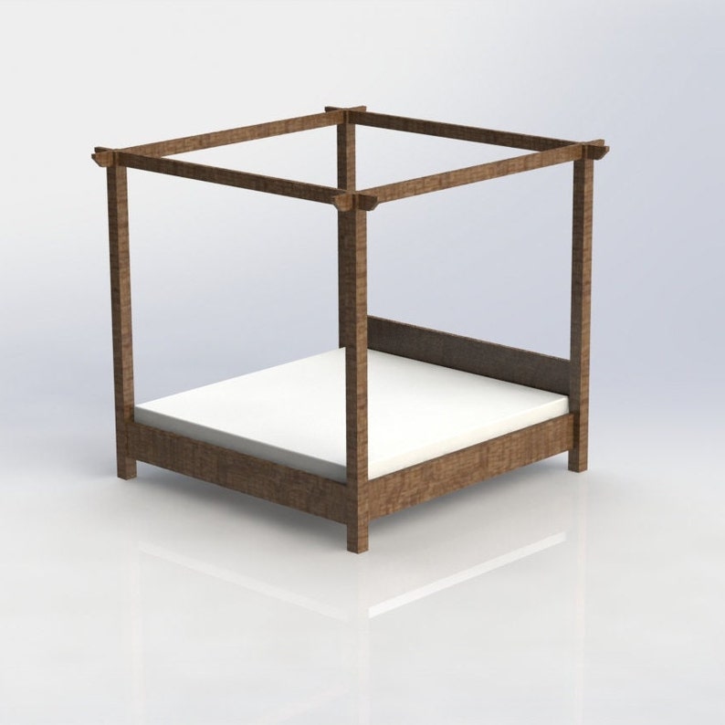 May include: A wooden four-poster bed frame with a white mattress.