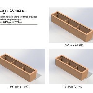 May include: Three different sizes of wooden planter boxes, 96 inches, 84 inches, and 72 inches long. The boxes are made of natural wood and have a simple design.