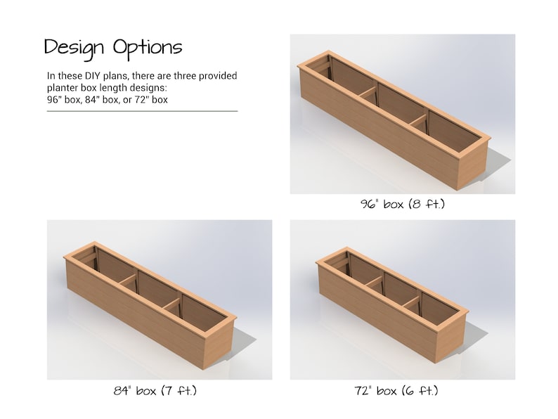 May include: Three different sizes of wooden planter boxes, 96 inches, 84 inches, and 72 inches long. The boxes are made of natural wood and have a simple design.