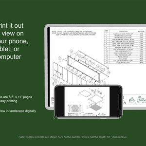 May include: A black and white technical drawing of a headboard with a parts list and description. The drawing shows the headboard in 3D with numbered parts. The text "BIG LIVING LITTLE FOOTPRINT" is in the bottom right corner.