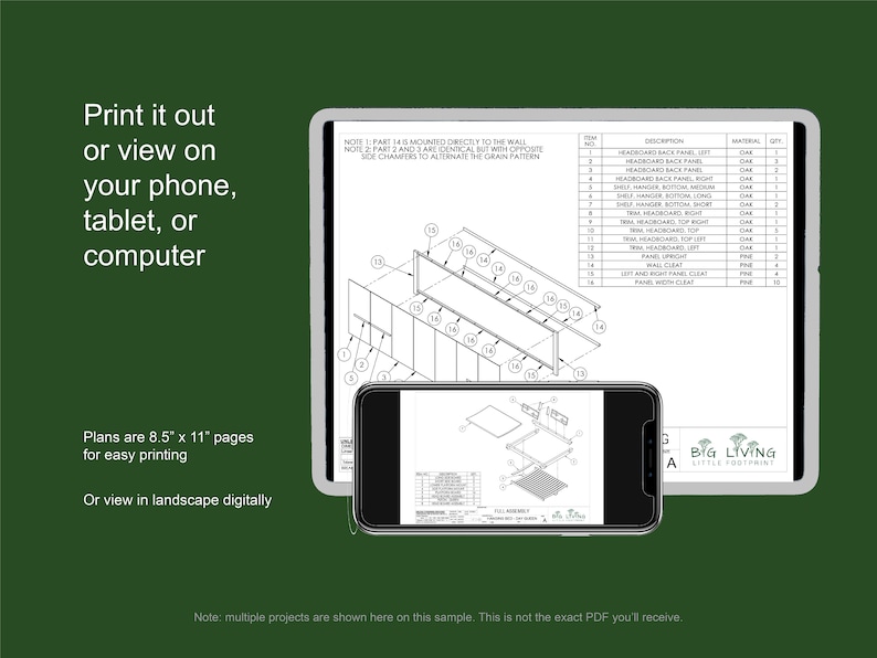May include: A black and white technical drawing of a headboard with a parts list and description. The drawing shows the headboard in 3D with numbered parts. The text "BIG LIVING LITTLE FOOTPRINT" is at the bottom of the page.