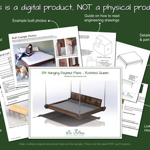 May include: A digital product for building a hanging daybed. The image shows a 3D rendering of the daybed, a materials list, and example built photos. The text "DIY Hanging Daybed Plans - Rotated Queen" is visible in the image.
