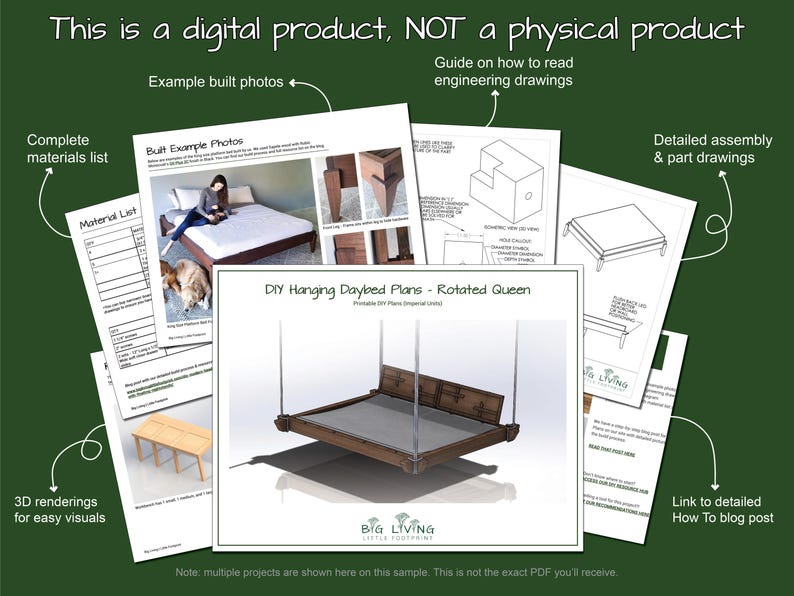 May include: A digital product for building a hanging daybed. The image shows a 3D rendering of the daybed, a materials list, and example built photos. The text "DIY Hanging Daybed Plans - Rotated Queen" is visible in the image.