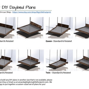 May include: A digital illustration of four different sizes of DIY daybed plans. The plans show the daybed in both a standard and rotated position. The sizes shown are King, Queen, Full, and Twin. The text "Other DIY Daybed Plans" is at the top of the image. The text "All sizes found in our Shop - https://www.etsy.com/shop/BigLittleFootprint" is below the title.