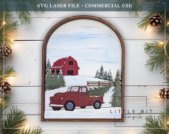 Layered Christmas Farm Scene | Barn and Truck with Tree SVG | DIY Laser Cut Holiday Decor