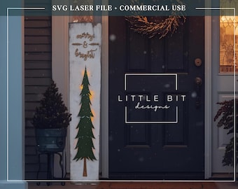Christmas Porch Leaner SVG | Merry & Bright Light Up Tree Sign | Laser Cut Holiday SVG File
