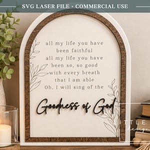 May include: An arched wooden sign with a white background and dark wood frame. The text reads: all my life you have been faithful all my life you have been so, so good with every breath that I am able Oh, I will sing of the Goodness of God.