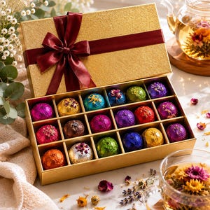 Puede incluir: Una caja de regalo rectangular dorada con un lazo de cinta de satén rojo oscuro que contiene quince bolas de té esféricas envueltas en papel de aluminio de colores. Cada bola de té está rematada con un pequeño pétalo de flor seca.