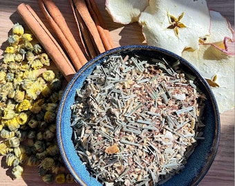 Té de jengibre, hierba limón orgánica y regaliz en hojas sueltas, mezcla artesanal sin cafeína.