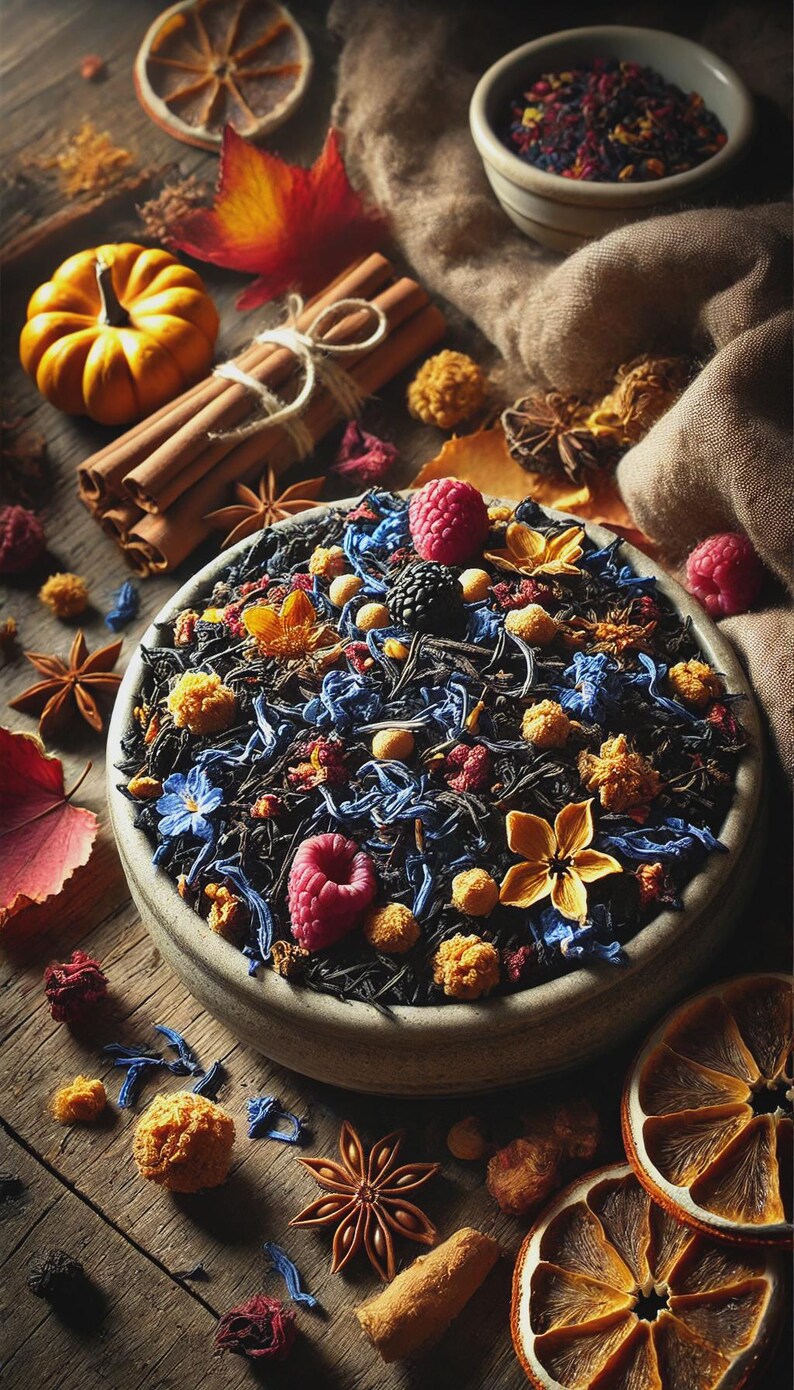 May include: A ceramic bowl filled with loose leaf tea, raspberries, and dried flowers sits on a wooden surface. Cinnamon sticks, star anise, and a small pumpkin are arranged around the bowl, creating a warm, inviting scene.