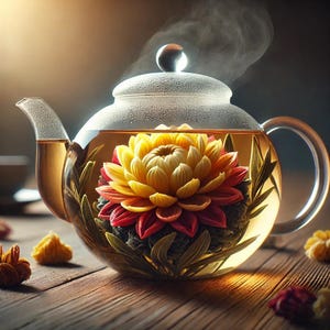 May include: A glass teapot with a blooming tea flower inside. The flower is yellow and red and is surrounded by green leaves. The teapot is filled with clear tea and steam is rising from the spout.