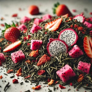 May include: A close-up of a pile of green tea leaves, mixed with vibrant red strawberries, pink dragon fruit cubes, and dried orange pieces. The dragon fruit slices reveal a white interior speckled with black seeds. The image is well-lit, highlighting the fresh ingredients.