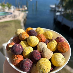 May include: A white bowl filled with small, round, dried fruit. The fruit is a mix of yellow, orange, and purple.