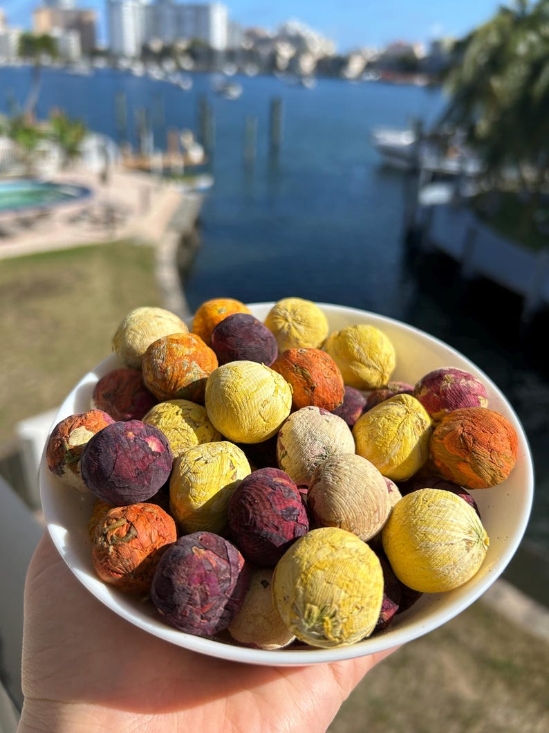 May include: A white bowl filled with small, round, dried fruit. The fruit is a mix of yellow, orange, and purple.