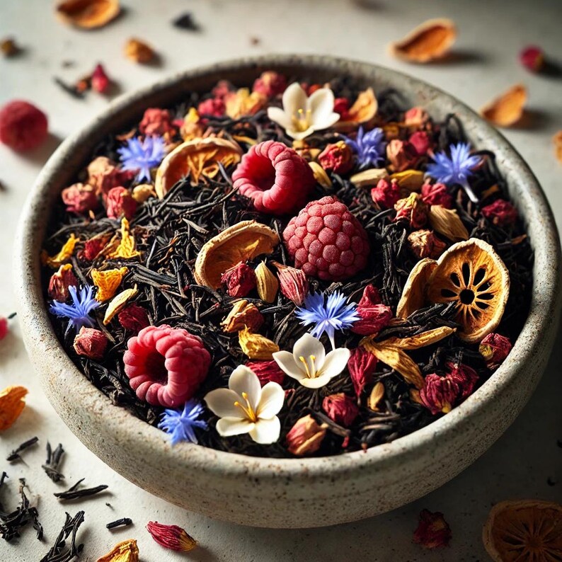 May include: A ceramic bowl filled with loose-leaf tea, raspberries, dried orange slices, and small white and blue flowers. The tea leaves are dark, and the arrangement is artfully composed, suggesting a gourmet tea blend.