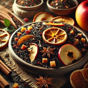 May include: A bowl of loose leaf black tea blend with dried apple, orange, and star anise. The tea is in a wooden bowl on a burlap surface.