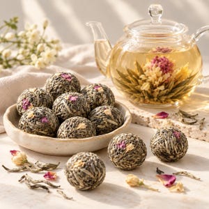 May include: A collection of spherical, hand-rolled tea balls featuring dried green tea leaves and small pink flower petals. Several tea balls are arranged in a shallow, off-white ceramic bowl, while others rest nearby.