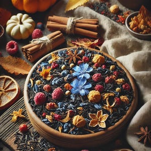 May include: A wooden bowl filled with tea leaves, dried flowers, and berries. The arrangement includes pumpkins, cinnamon sticks, and dried orange slices, creating a warm, autumnal theme. A brown teapot sits in the background.