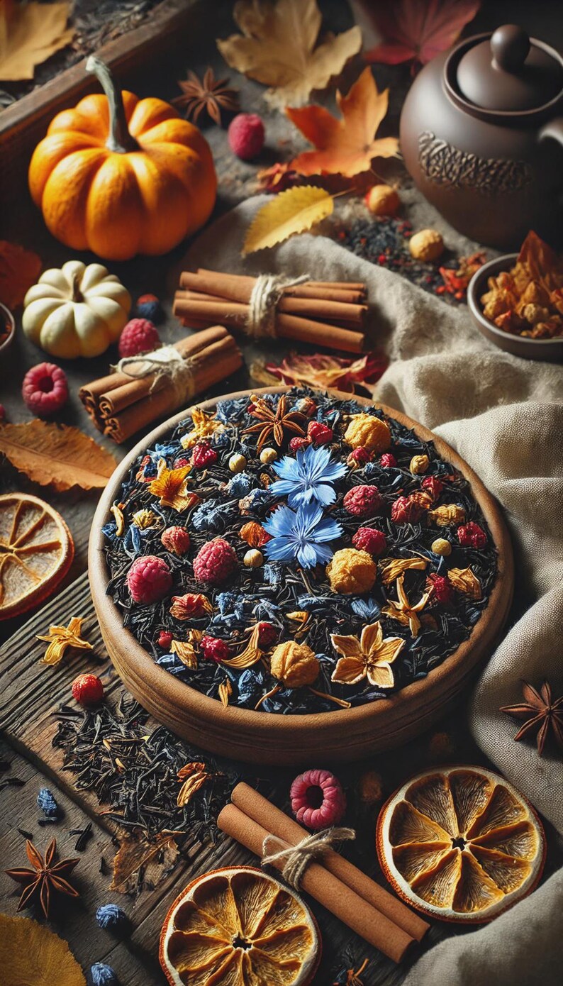 May include: A wooden bowl filled with tea leaves, dried flowers, and berries. The arrangement includes pumpkins, cinnamon sticks, and dried orange slices, creating a warm, autumnal theme. A brown teapot sits in the background.