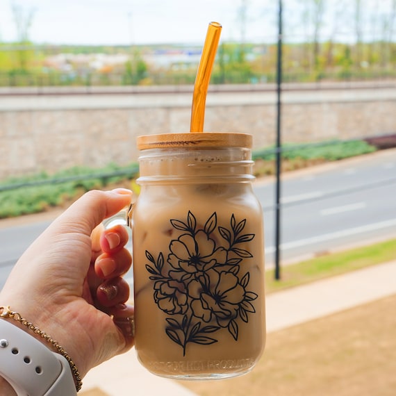 Floral Mason Jars With Lid and Straw, Floral Glass Cup With Handle, Glass  With Handle and Lid, Mason Jars With Lid, Iced Coffee Glass 