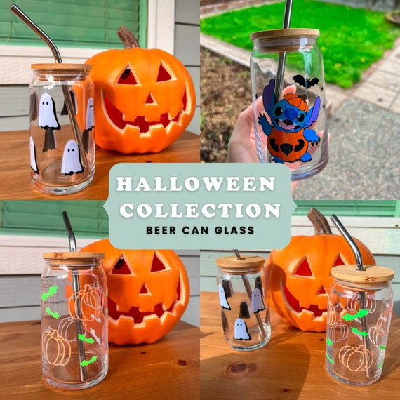 Halloween Glass Cup With Lid & Straw, Spooky Pumpkin, Ghost Beer Can Glass,  Bat Tumbler, Gift for Halloween, Halloween Mugs, Fall Decor 