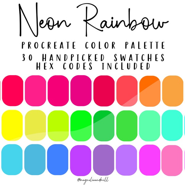 Neon Rainbow Procreate Color Palette | 30 Color Swatches | Bright Color Palette | Canva Adobe Photoshop | Graphic Design | Digital Art Tools