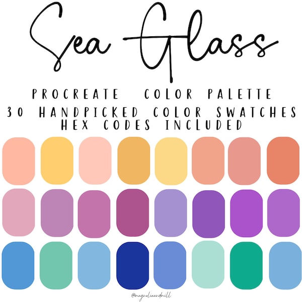 Sea Glass Procreate Color Palette | 30 Color Swatches | Pastels | Rainbow | Unicorn | Mermaid | Canva | Illustrator | Branding | HEX Codes