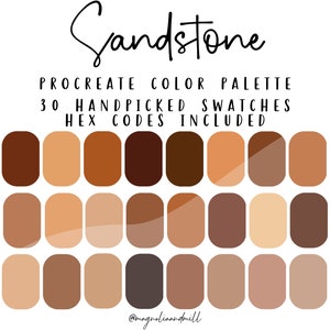 May include: A digital colour palette for Procreate called "Sandstone" with 30 handpicked swatches. The palette features a range of brown, beige, and orange shades.