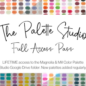 Può includere: Un biglietto bianco con testo nero che recita "The Palette Studio Full Access Pass". Il testo sottostante recita "LIFETIME access to the Magnolia & Mill Color Palette Studio Google Drive folder. New palettes added regularly!" Il biglietto è circondato da un bordo di punti colorati ad acquerello.