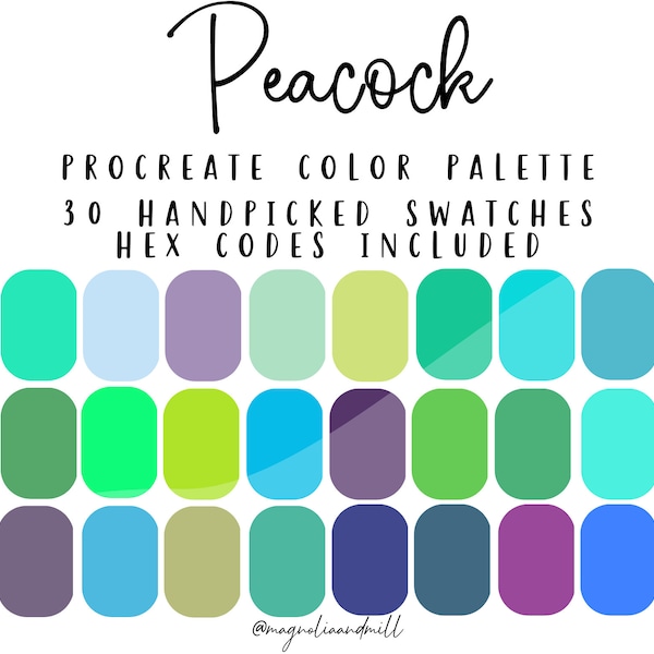 Peacock Procreate Color Palette | 30 Color Swatches | Cool Colors Palette | Canva Adobe Photoshop | Graphic Design | Digtial Art Tools | HEX