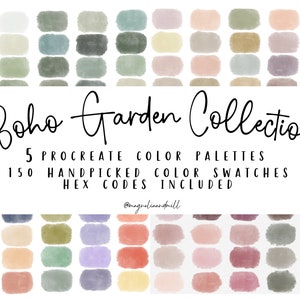 May include: A digital illustration of 150 watercolour swatches in various shades of green, brown, pink, and purple. The image includes the text "Boho Garden Collection", "5 Procreate Colour Palettes", "150 Handpicked Colour Swatches", and "Hex Codes Included".