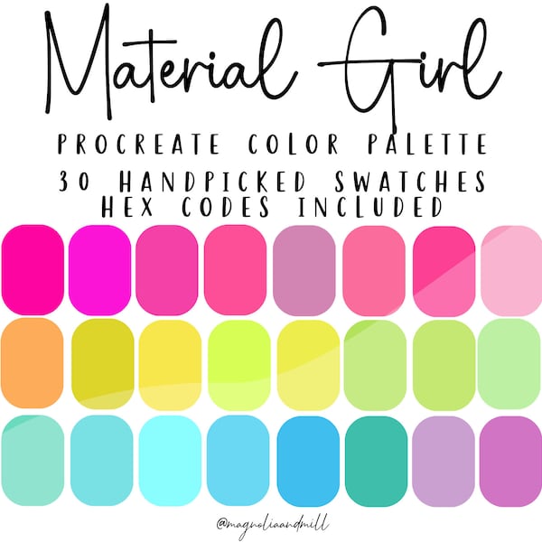 Material Girl Procreate Color Palette | Bright Rainbow Colors | Barbie Inspired | Neon Colors | Branding Colors | HEX Codes | Canva