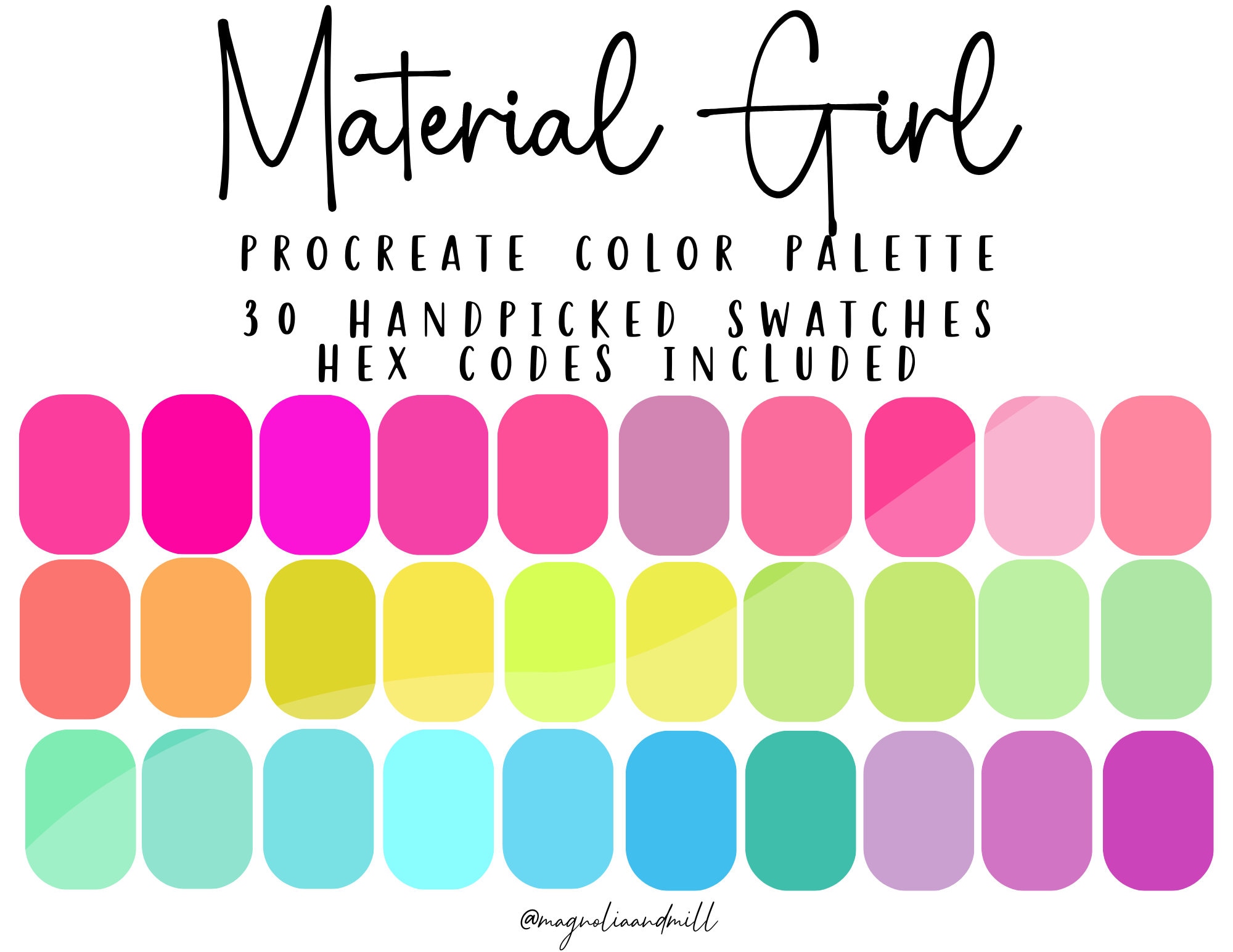 Material Girl Procreate Color Palette Bright Rainbow Colors Barbie Inspired  Neon Colors Branding Colors HEX Codes Canva 