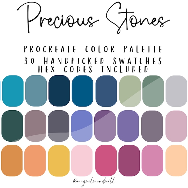 Precious Stones Procreate Color Palette | 30 Color Swatches | Jewel Tone Color Inspiration | Adobe Canva Photoshop | Graphic Design